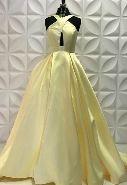 Brush Train Halter Satin Yellow Backless Prom Dress