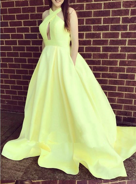 Brush Train Halter Satin Yellow Backless Prom Dress