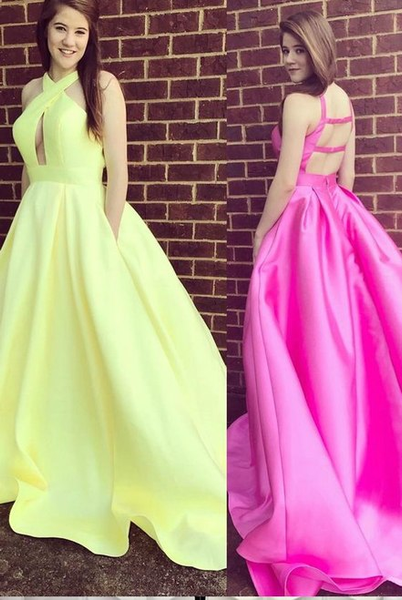 Brush Train Halter Satin Yellow Backless Prom Dress
