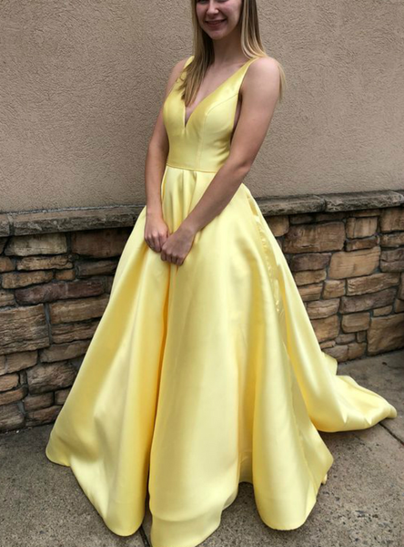 Yellow Satin V-neck Backless Long Prom Dress With Pocket