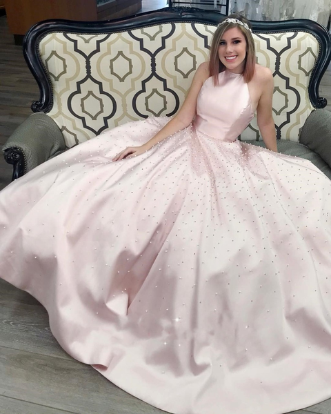 Yellow Beading Halter Keyhole Back Satin Prom Dress