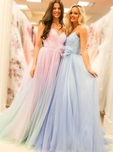 Spaghetti Straps Pleats Blue A-Line Tulle Pink Prom Dress
