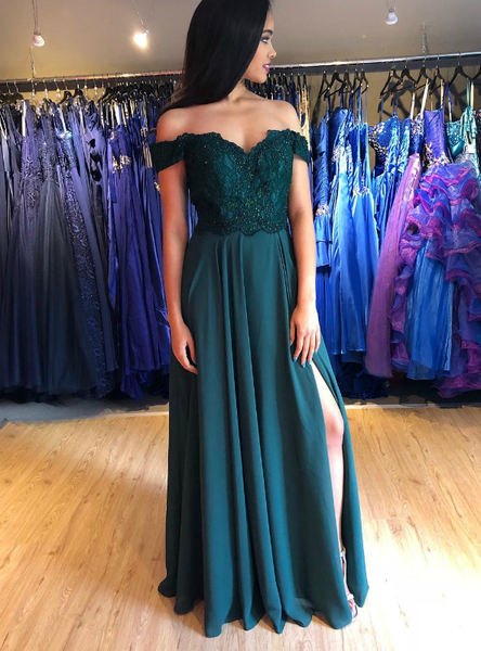 Satin Off the Shoulder Appliques A-Line Green Prom Dress With Side Split