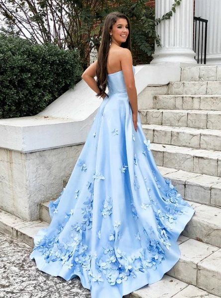 Sweetheart Sky Blue 3D Floral Applique Long Prom Dresses With Pocket