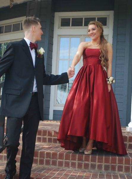 Strapless High Low Burgundy Satin Semi Formal Party Dress