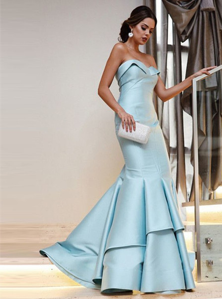 Mermaid Sweetheart Light Blue Satin Prom Dress
