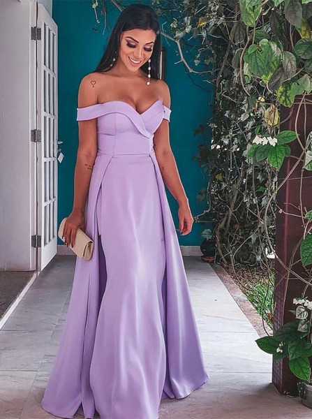 Off Shoulder Lavender Detachable Train Prom Evening Dress