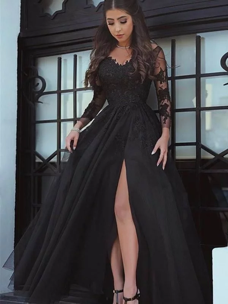 Black Off-the-Shoulder Ball Gown Long Sleeves Lace Applique Dresses