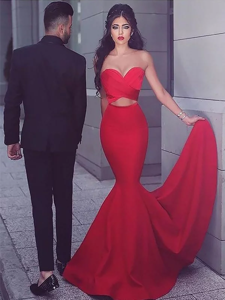 Red Mermaid Sweetheart Sleeveless  With Ruched Satin Prom Dresses
