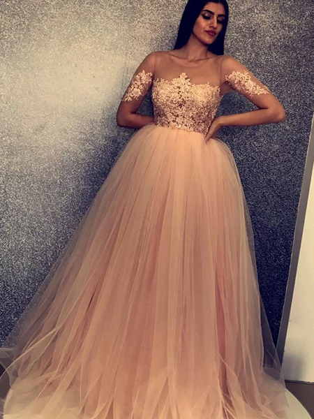 Ball Gown Short Sleeves Scoop  Applique Tulle Prom Dresses