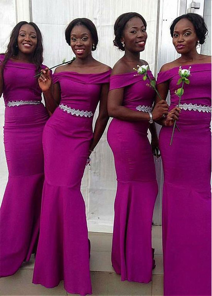 Purple Satin Off-the-shoudler Belt Mermaid Bridesmaid Dress