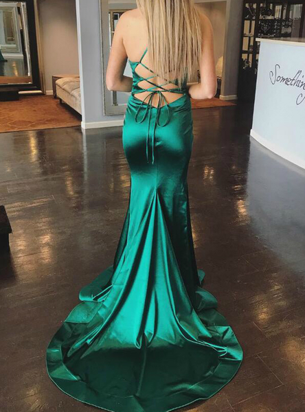 Satin Halter Crossed Straps Back Green Mermaid Prom Dress
