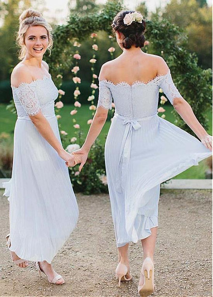 Light Blue Off-the-shoulder Lace A-line Bridesmaid Dress 