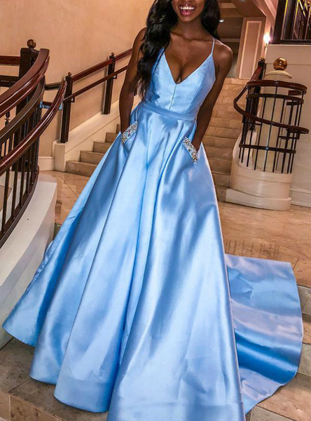 Satin Spaghetti Straps A-Line Sky Blue Prom Dress With Pocket