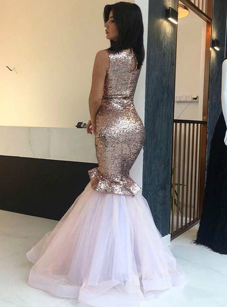 Sexy Pink Mermaid Tulle Sleeveless Sequins Long Prom Dress