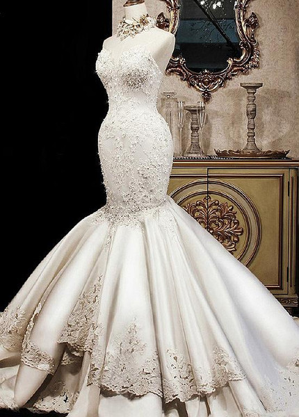 Tulle & Satin Sweetheart Beaded Lace Appliques Mermaid Wedding Dresses