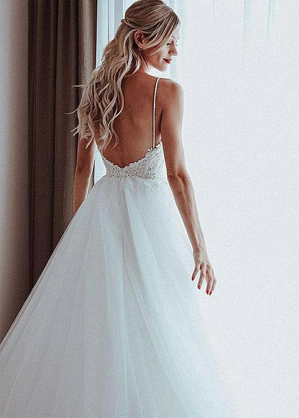 Spaghetti Straps Beading Appliques A-line Wedding Dresses 