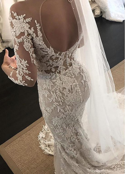 Tulle Jewel Long Sleeve Backless Beading Appliques Mermaid Wedding Dress