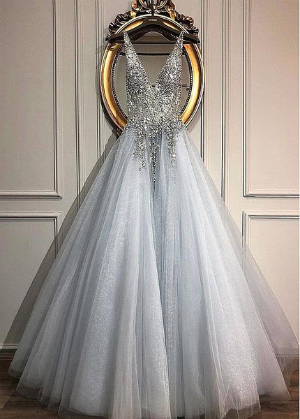 Beading Silver Tulle V-neck Neckline A-line Wedding Dress
