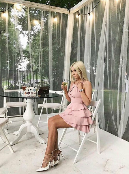 Tiered Pink Satin A-Line Round Neck Homecoming Dress with Keyhole