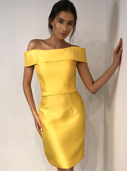 Above Knee Yellow Sheath Off-the-Shoulder Satin Homecoming Dress