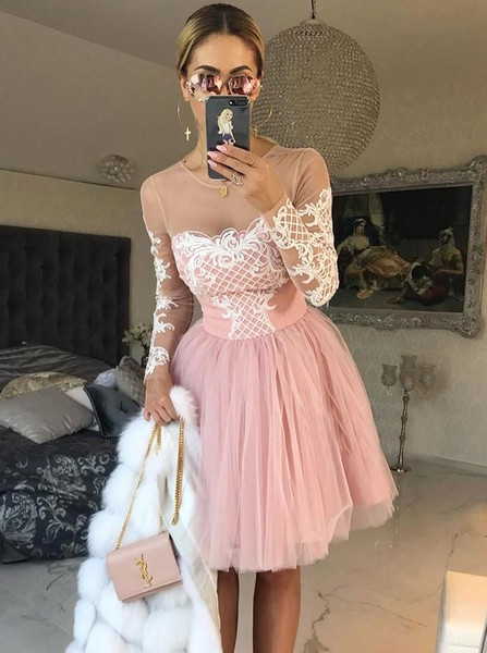 Pink Short A-Line Round Neck Homecoming Dress with Appliques Sleeves