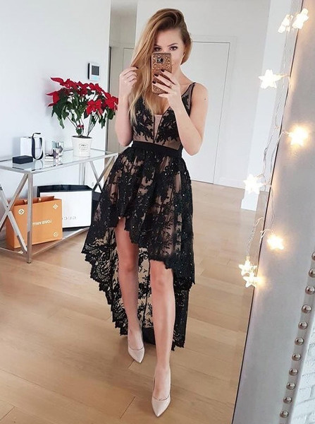 V-Neck Low-Cut High Low Black Lace Homecoming Dress with Beading