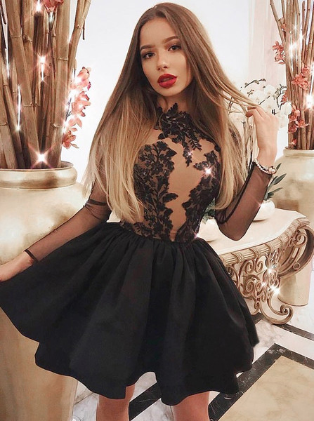 Shop 2019 Black Satin A-Line Jewel Homecoming Party Dress with Appliques