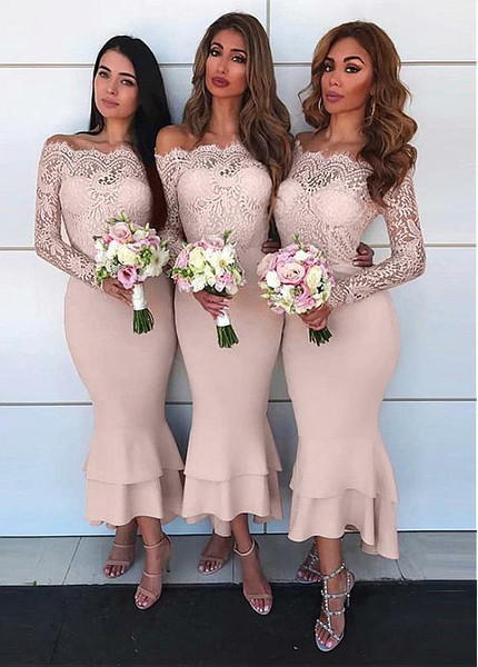 Dusty Pink Lace Off-the-shoudler Hi-lo Mermaid Bridesmaid Dress