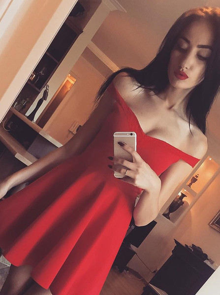 Short Red Satin A-Line Off-the-Shoulder Homecoming Dress