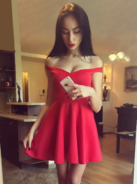 Short Red Satin A-Line Off-the-Shoulder Homecoming Dress
