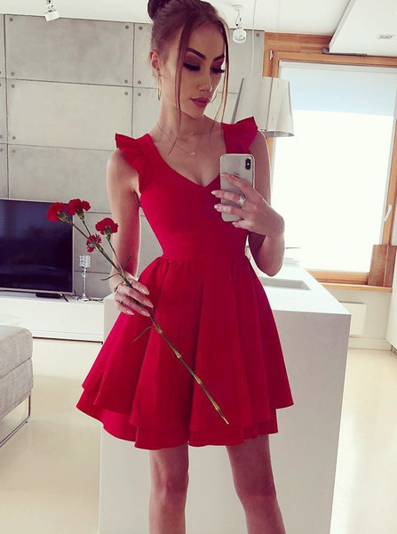 A-Line Scoop Red Tiered Satin Short Homecoming Party Dress