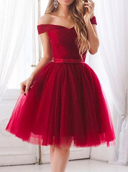 Red Tulle A-Line Off-the-Shoulder Homecoming Dress with Bowknot