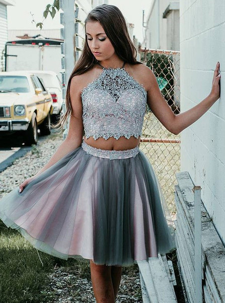 Grey Short Two Piece Halter Homecoming Party Dress with Lace