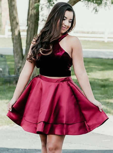 Cut-out Burgundy Two Piece Round Neck Homecoming Party Dress