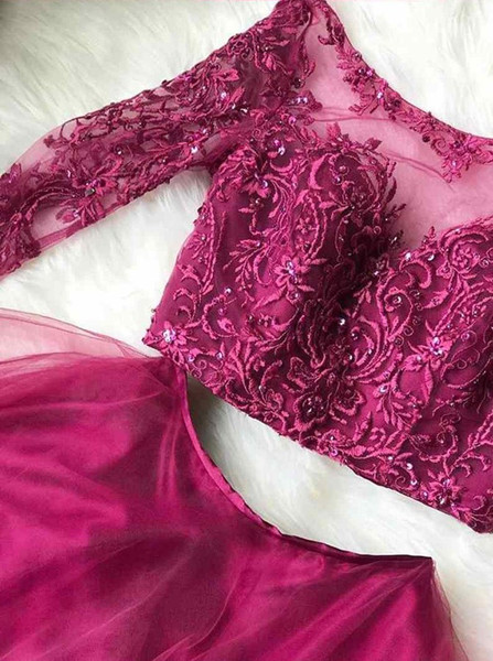 Long Sleeve Blue Tulle Two Piece Bateau Homecoming Dress with Appliques Beading