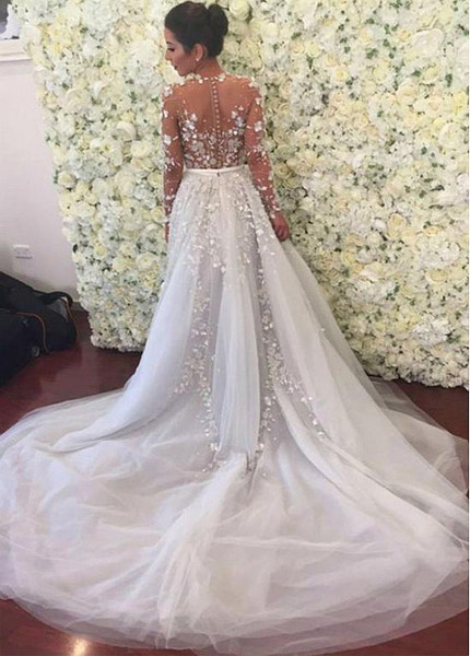 Cheap 2019 3D Lace Appliques Tulle Jewel  A-line Wedding Dress
