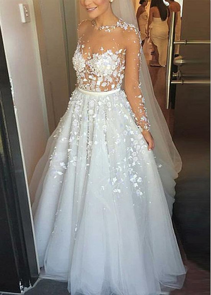 Cheap 2019 3D Lace Appliques Tulle Jewel  A-line Wedding Dress