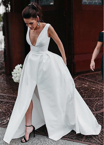 Cheap 2019 Satin V-neck Simple A-line Wedding Dress With Pockets