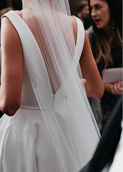 Cheap 2019 Satin V-neck Simple A-line Wedding Dress With Pockets