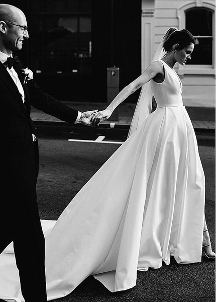 Cheap 2019 Satin V Neck Simple A Line Wedding Dress With Pockets