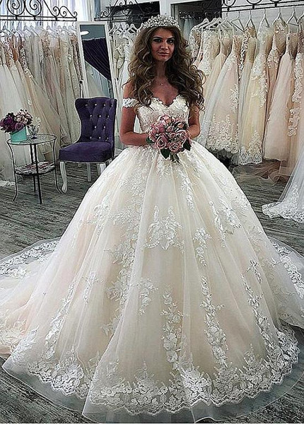 Cheap 2019 Tulle Off-the-shoulder Lace Appliques Ball Gown Wedding Dress