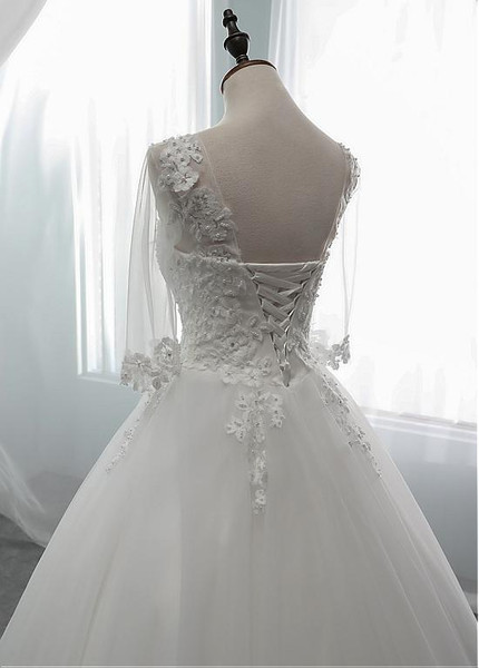 Half Sleeve Tulle Scoop  A-line Wedding Dress With Beadings