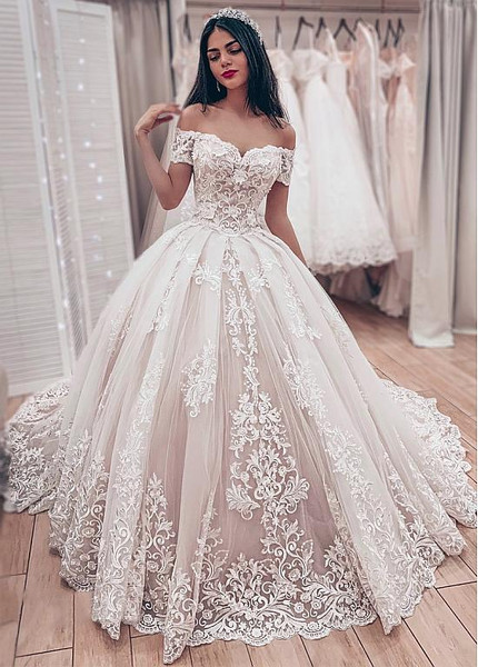 Cheap 2019 Tulle Off-the-shoulder Lace Appliques Ball Gown Wedding Dress