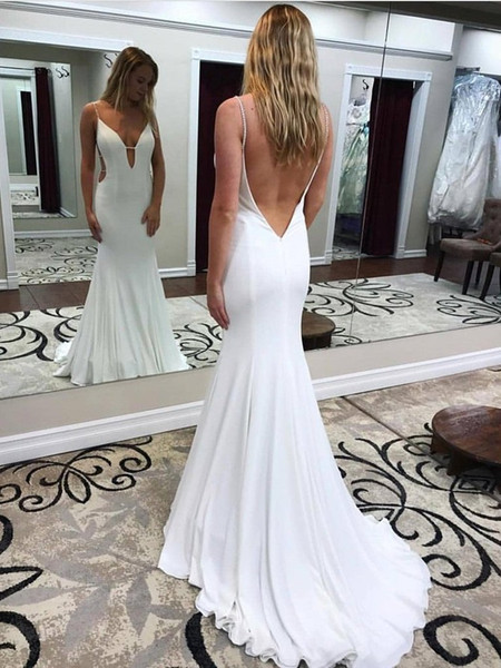 Backless Long White Deep V Neck Mermaid Prom Dress