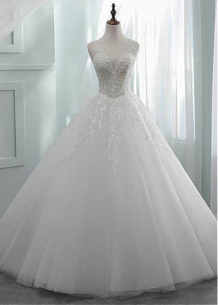 Beading Tulle Jewel  See-through  A-line Wedding Dress