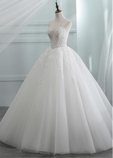 Beading Tulle Jewel  See-through  A-line Wedding Dress