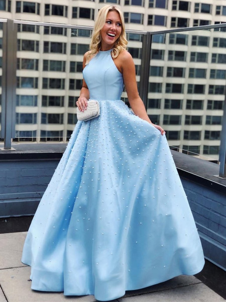 Sexy Sky Blue Halter Neck Satin Beaded Long Prom Dress