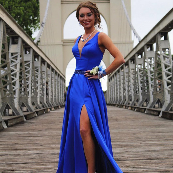 Blue A Line V Neck High Split Satin Long Prom Dress