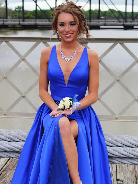 Blue A Line V Neck High Split Satin Long Prom Dress